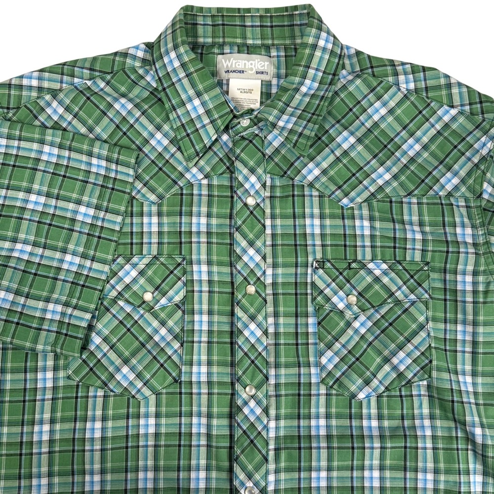 Wrangler Wrancher Mens XL Pearl Snap Short Sleeve Shirt Green Plaid Western Yoke